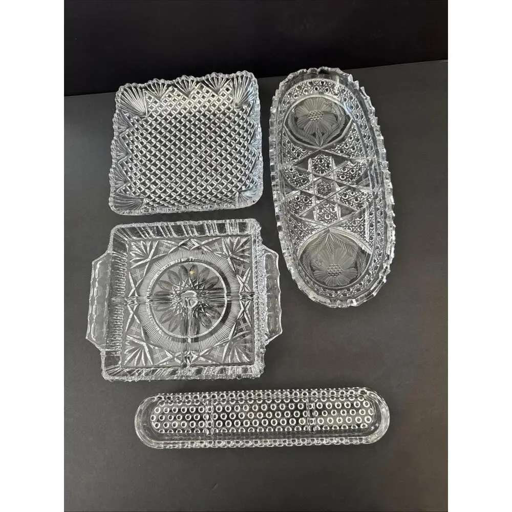 Gorgeous Set Of 4 VINTAGE CUT CLEAR GLASS DRESSER TRAYS “ Chipped”